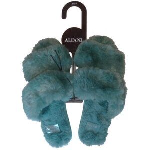 NWT Alfani Faux Fur Crossband Slide Slippers L 9/10 Plush Greenblue Slate Teal
